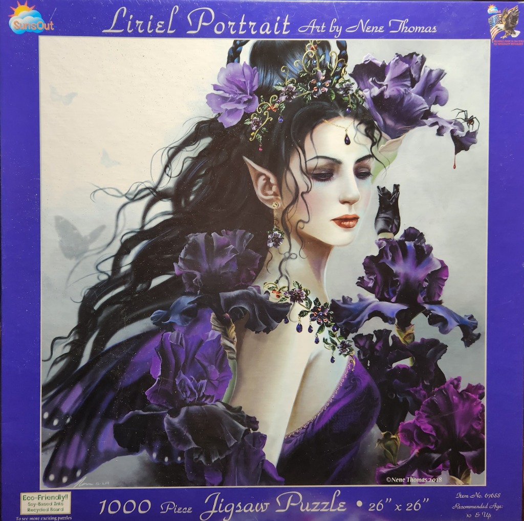 Fantasy portrait of an elf woman with long dark hair and purple irises
