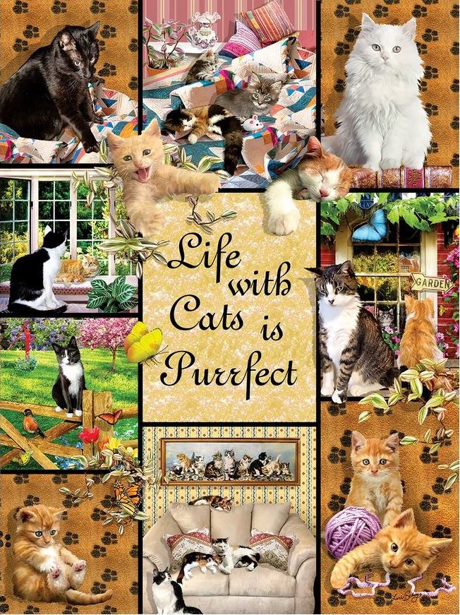 A collage featuring many cats in various indoor and outdoor settings with the text Life with Cats is Purrfect.