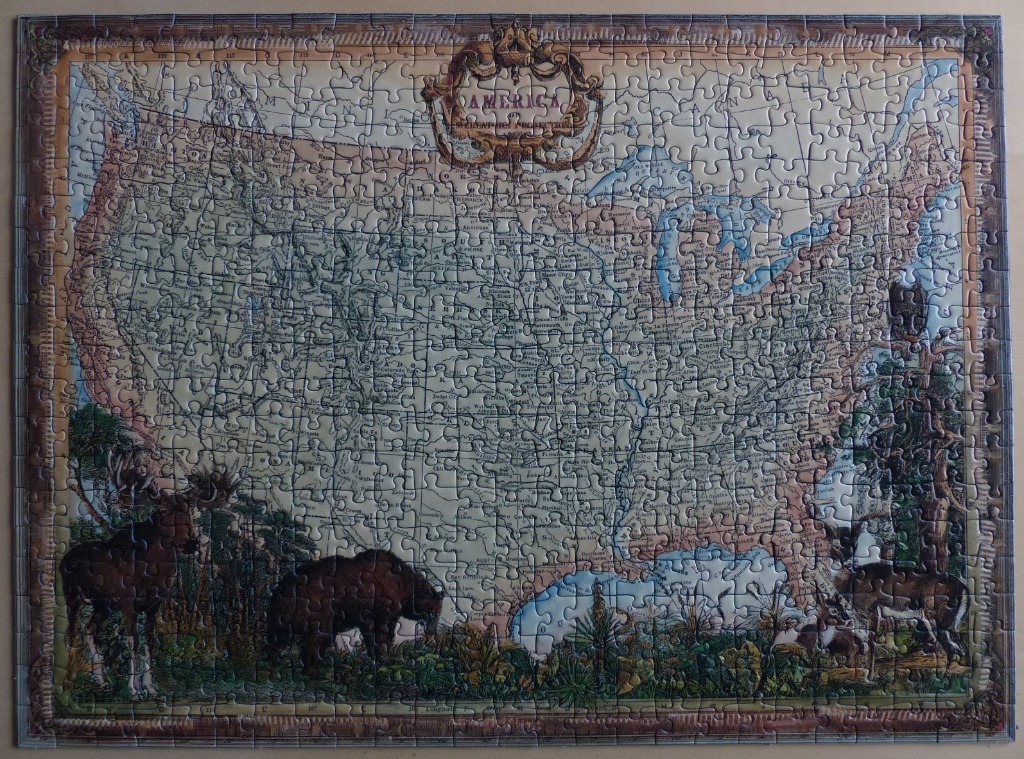 An antique-style illustrated map of the United States featuring wildlife and decorative scrollwork.