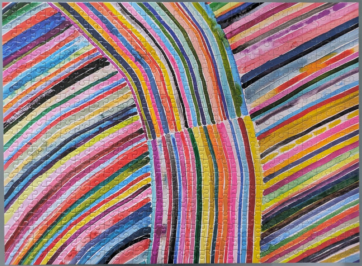 An abstract painting of multi-coloured parallel lines flowing in different directions to form a curved pattern.