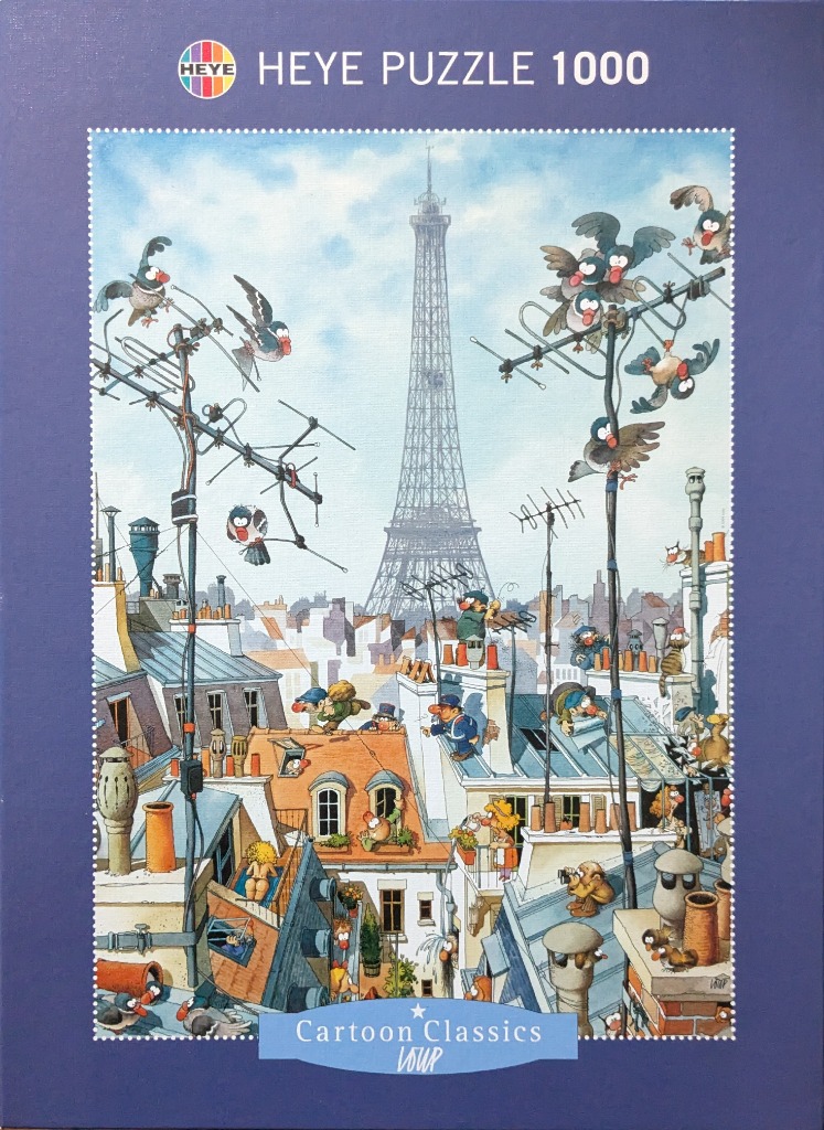 Cartoon illustration of people and birds on Parisian rooftops with the Eiffel Tower in the distance.