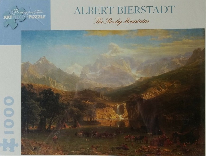 Oil painting of The Rocky Mountains by Albert Bierstadt, featuring a vast mountain landscape with a camp in the foreground.
