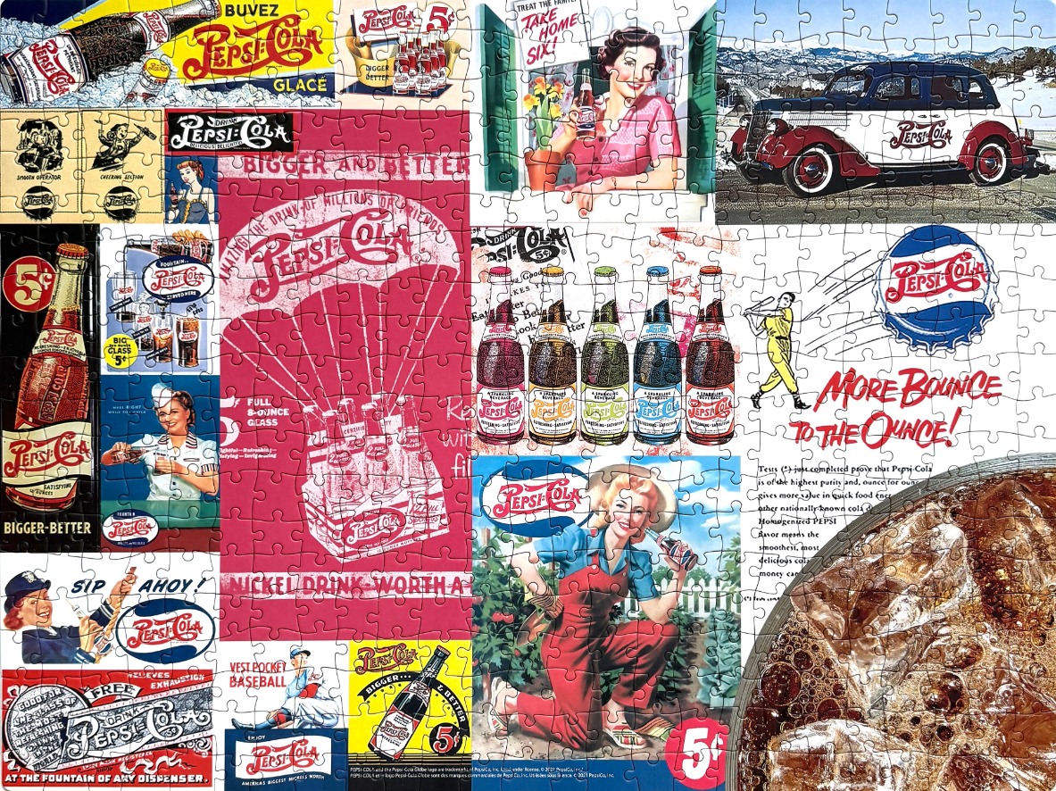 A collage of vintage Pepsi-Cola advertisements featuring bottles, cars, and women in retro clothing.