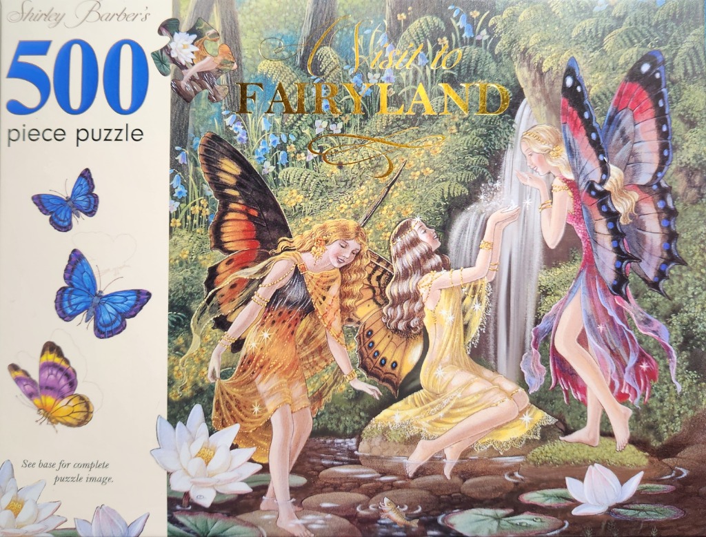 Three fairies with butterfly wings gathered by a waterfall in a lush forest clearing.
