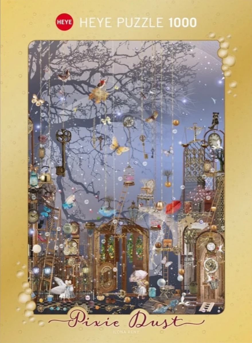 Whimsical fantasy illustration featuring suspended antiques, floating objects, and silhouettes of trees against a purple sky.