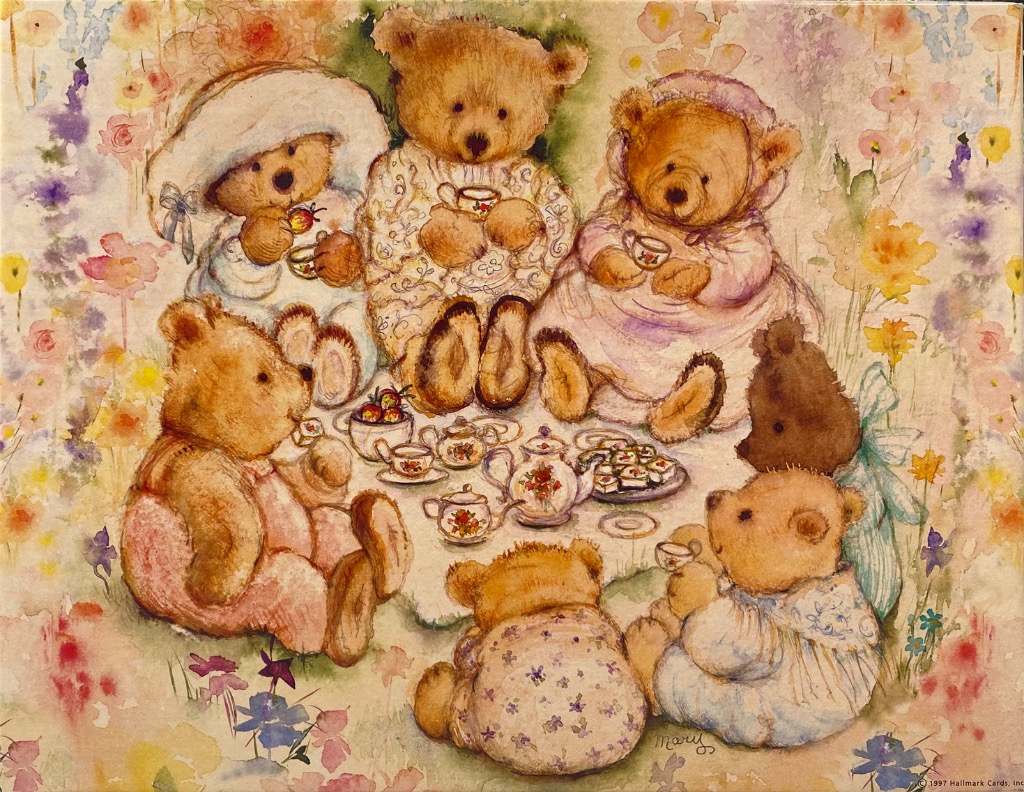 Six teddy bears having a tea party in a meadow of soft watercolor flowers