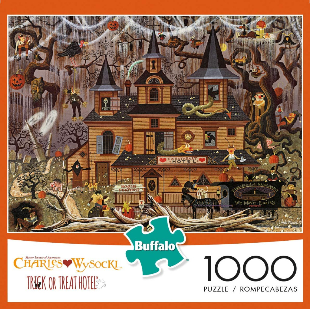 Whimsical Halloween illustration of a spooky hotel titled Sweetheart Hotel with monsters and jack-o
