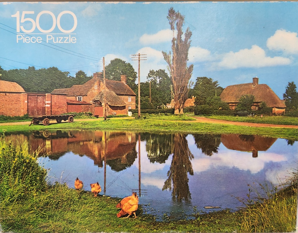 A peaceful English countryside scene with farm buildings, a pond, and chickens in the foreground.
