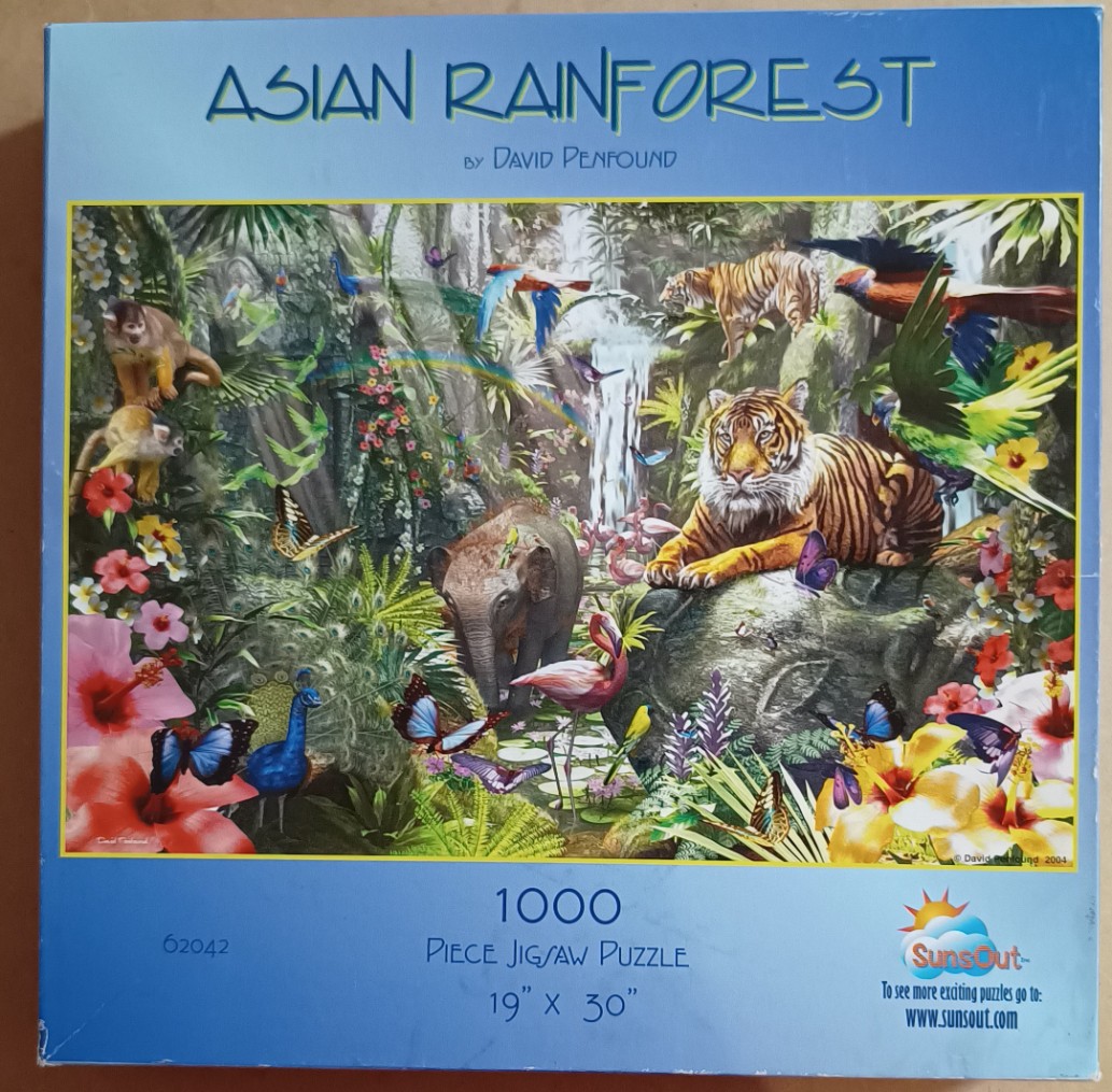 A lush, vibrant illustration of an Asian rainforest teeming with wildlife including tigers, an elephant, and exotic birds.