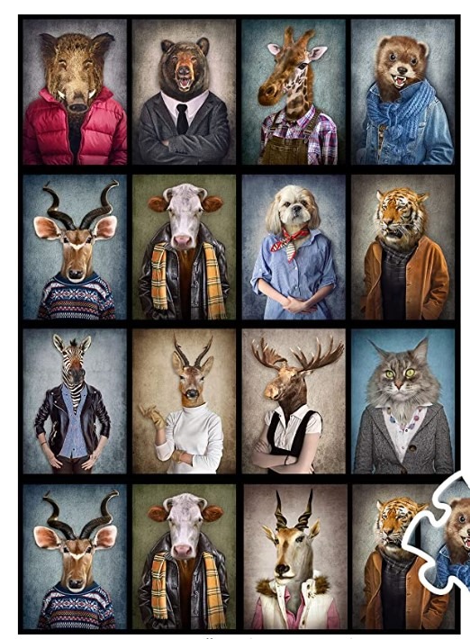 A collection of sixteen portraits featuring animals with human bodies dressed in various stylish outfits.