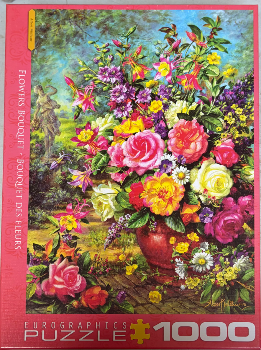 A lush oil painting of a vibrant flower bouquet in a red vase set against a sun-dappled garden background.