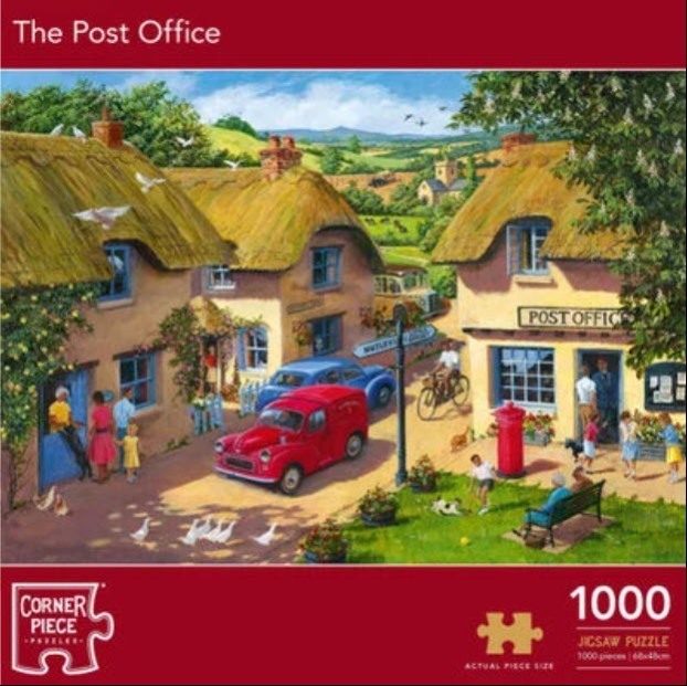 An idyllic English village scene featuring a thatched-roof Post Office, a red van, and people in a sunny countryside.
