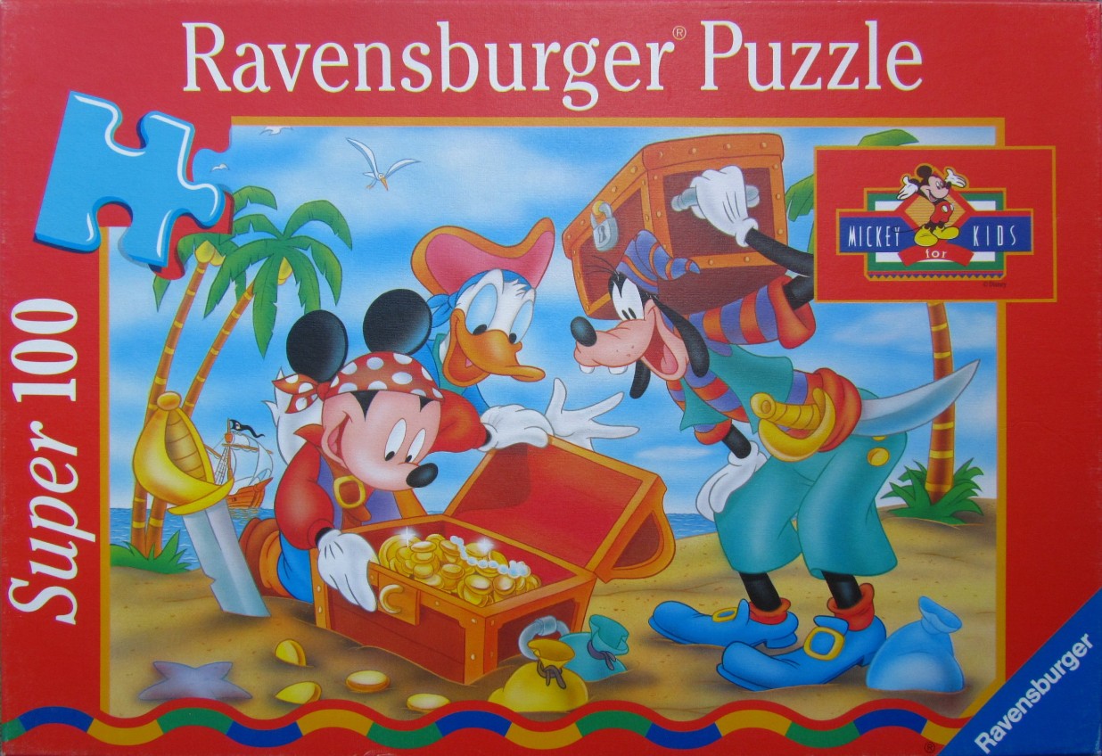 Mickey Mouse, Donald Duck, and Goofy dressed as pirates discovering a treasure chest on a sandy beach.