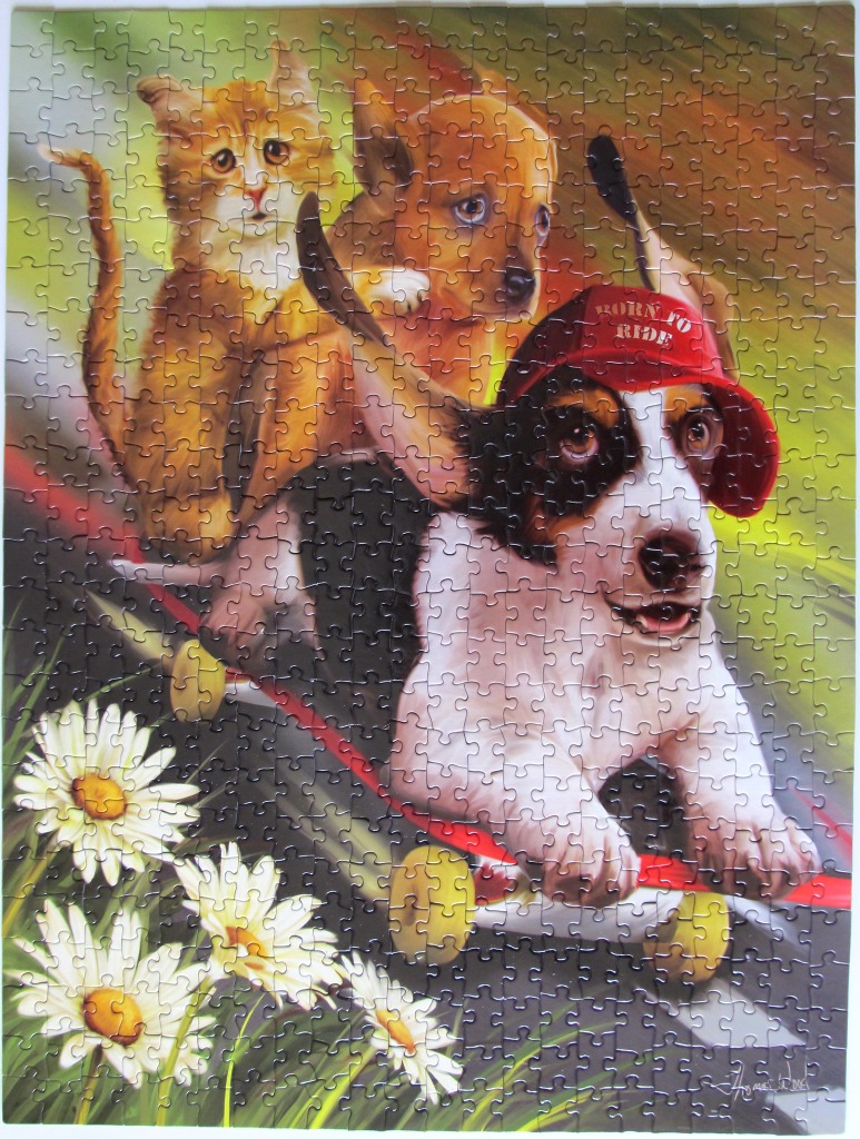 An illustration of an orange kitten and two puppies riding a skateboard past white daisies.