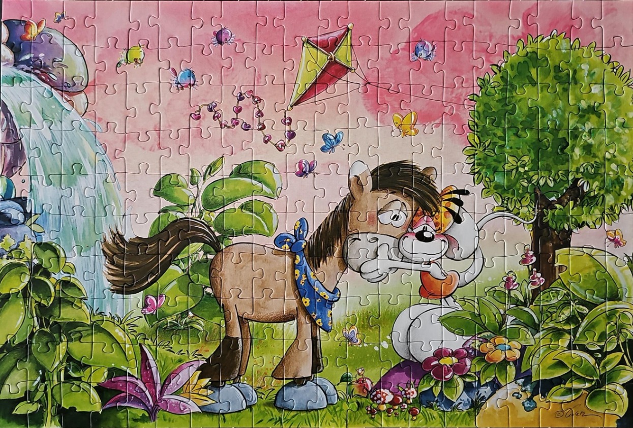 Cartoon illustration of a pony and a mouse hugging in a whimsical garden setting.