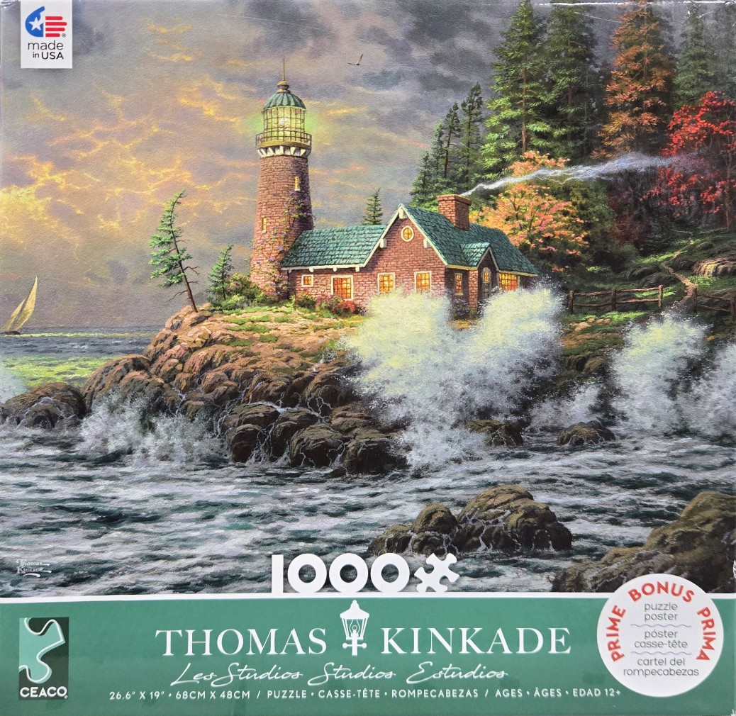 A lighthouse and cottage perched on a rocky coastline during a stormy sunset.