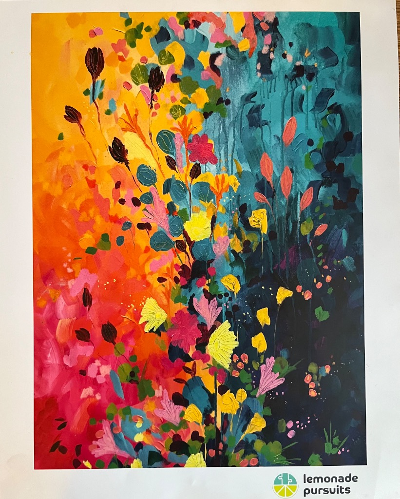 Abstract painting with a color gradient from warm orange and pink on the left to deep teal and black on the right.