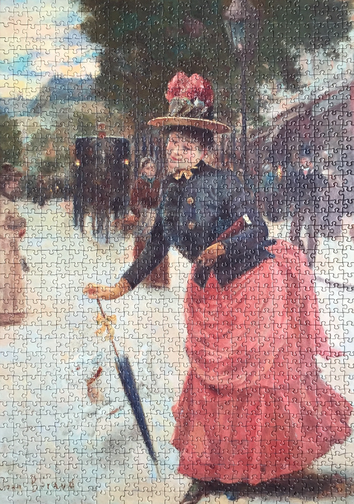 An impressionist painting of a woman in a dark jacket and pink skirt holding a parasol on a busy Paris street.