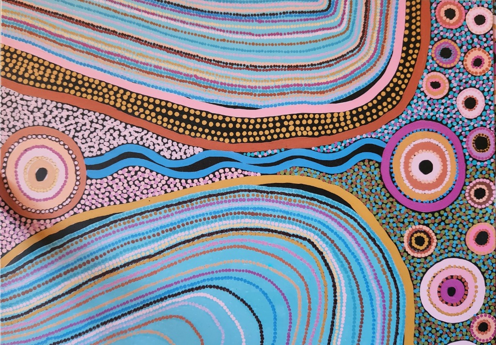 A vibrant dot painting featuring sweeping blue curves, concentric circular motifs, and a patterned, textured background.