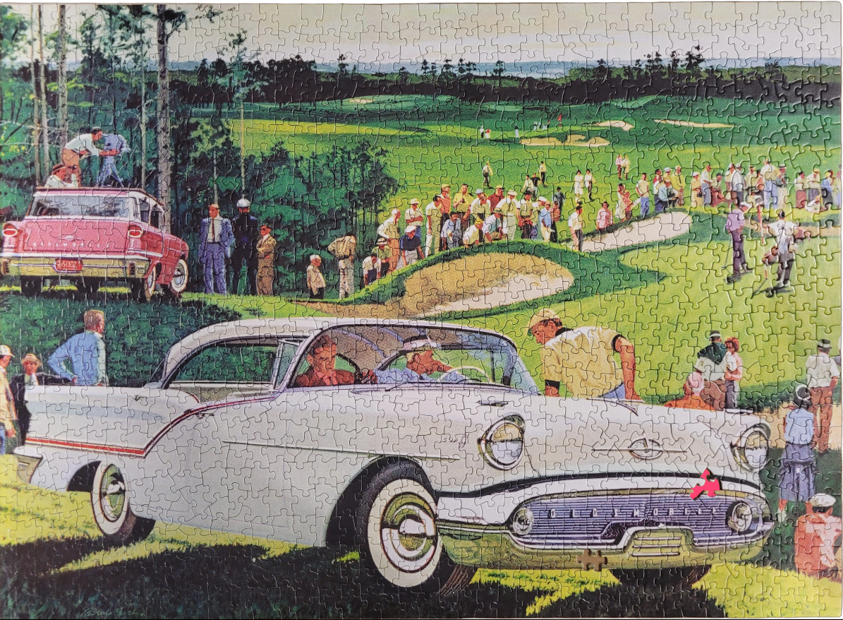 A vintage illustration of a golf tournament scene with spectators and two classic cars parked on the grassy course.