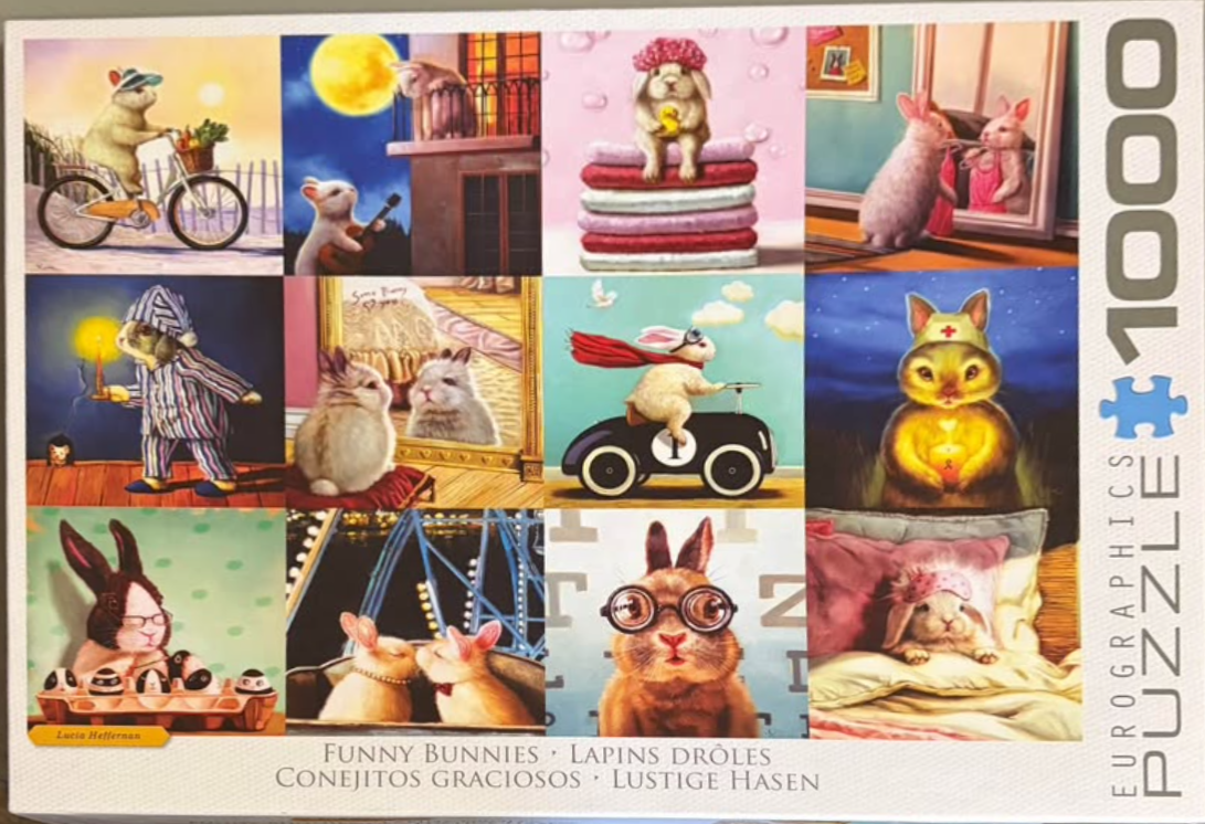A collage of 12 charming, whimsical illustrations depicting bunnies in various human-like activities.