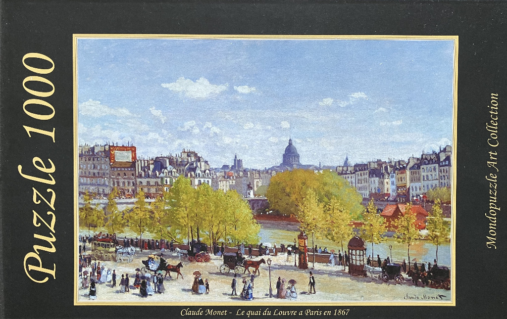 An Impressionist painting of the Quai du Louvre in Paris, featuring horse-drawn carriages, pedestrians, and city buildings.