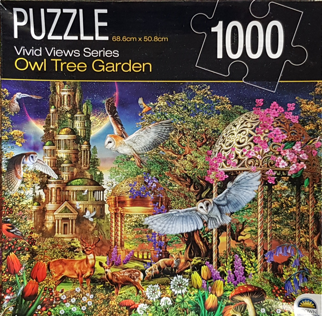 Fantasy illustration of a garden at twilight featuring owls, deer, ornate golden gazebos, and a glowing castle.