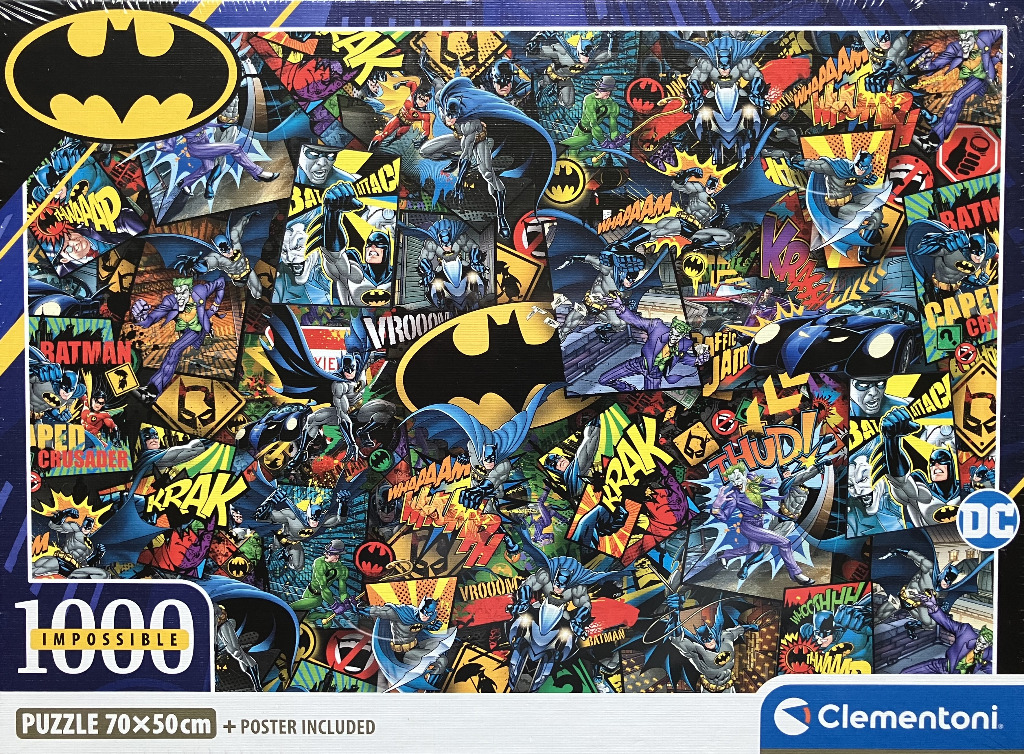 A dynamic comic book collage featuring various scenes of Batman, his allies, and his rogues gallery.