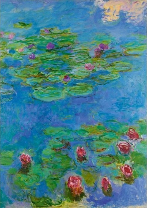 An impressionist painting of pink water lilies floating on a vibrant blue pond.