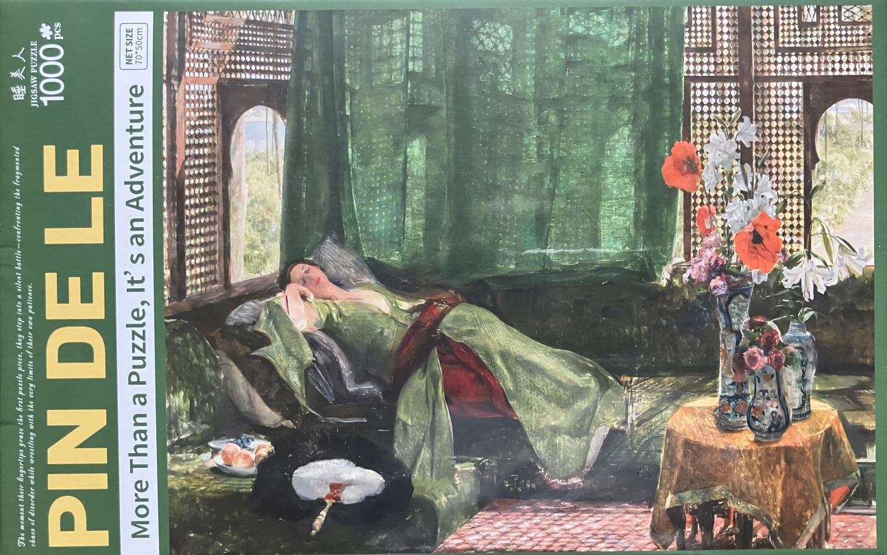 A woman in a green dress sleeping on a chaise lounge in an ornate room with a vase of flowers.