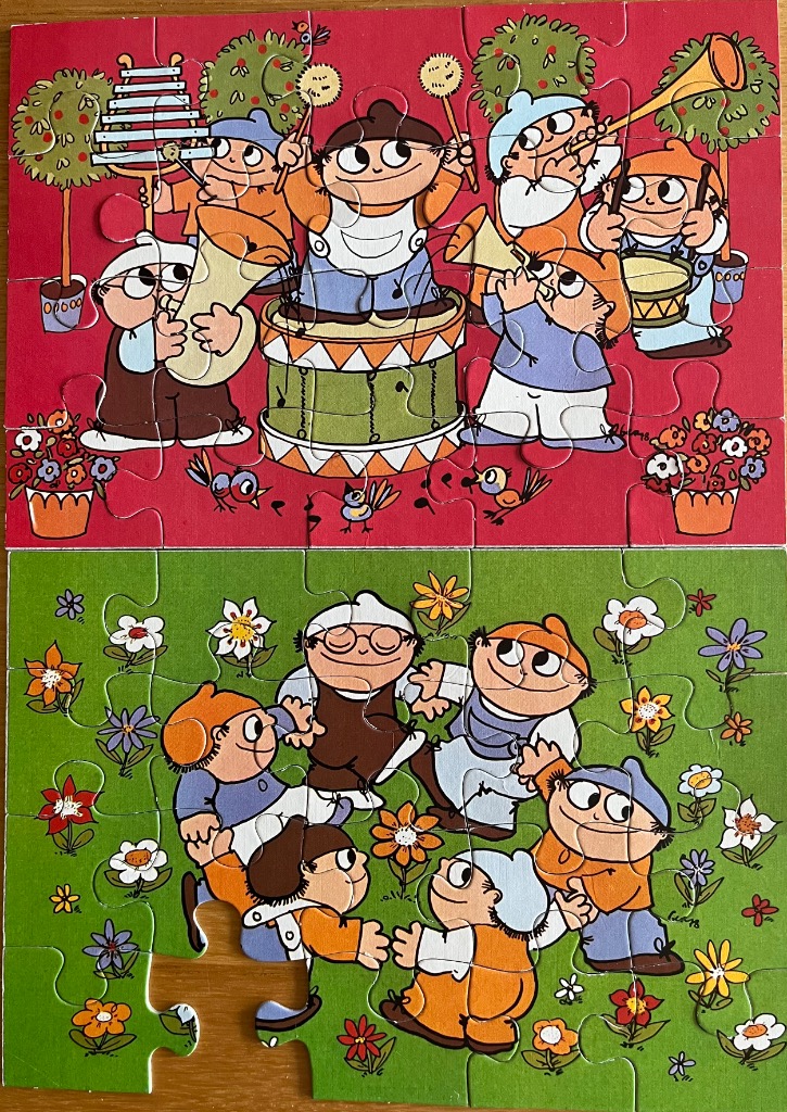 Cartoon illustration of two groups of whimsical gnomes, one performing music and one dancing in a field of flowers.