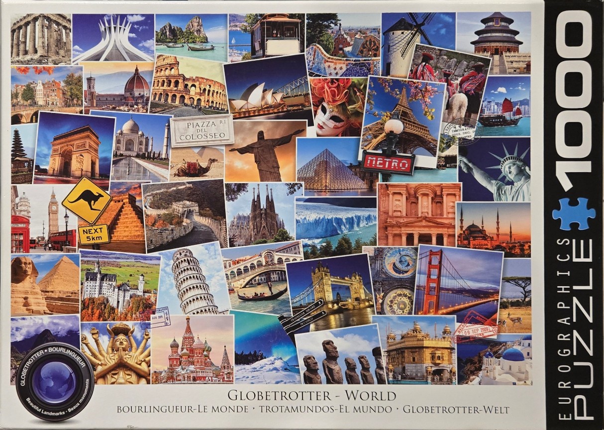 A collage of world landmarks and famous travel destinations arranged in an overlapping photographic style.