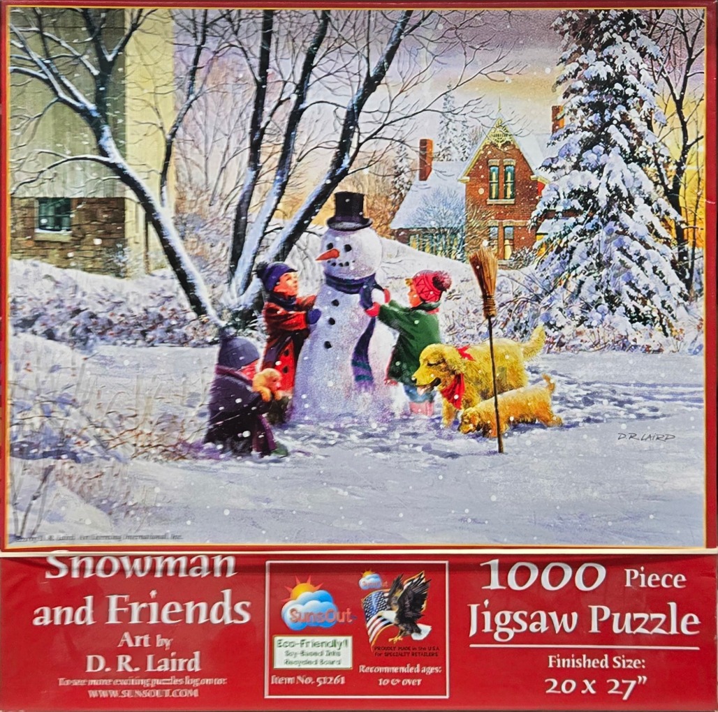 A nostalgic winter scene featuring three children building a snowman with two golden retriever dogs in the snow.