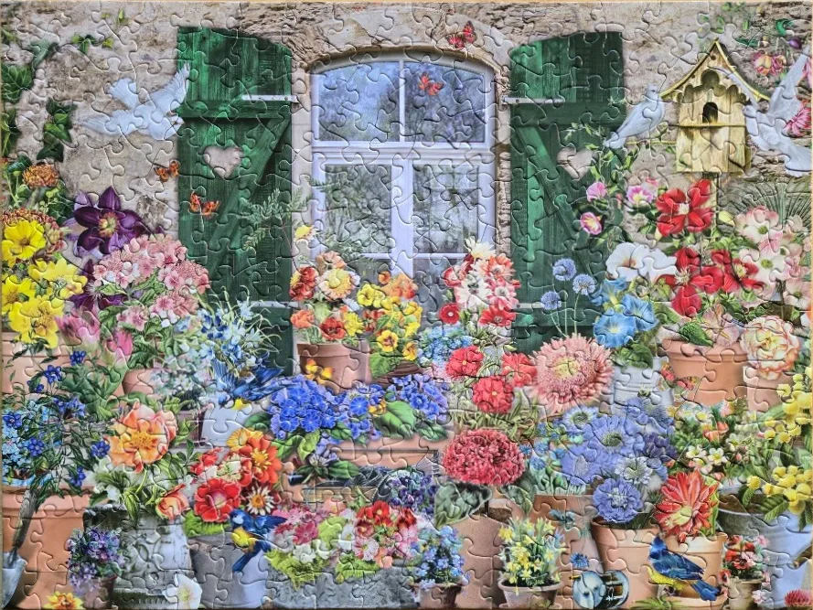 A rustic window scene surrounded by lush potted flowers, green shutters, white doves, and a birdhouse.