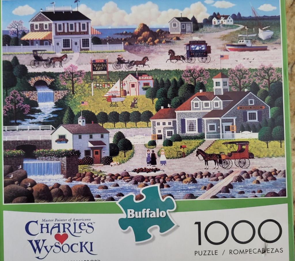 Folk art scene of a coastal New England harbor town with horse-drawn carriages, waterfalls, and quaint shops.