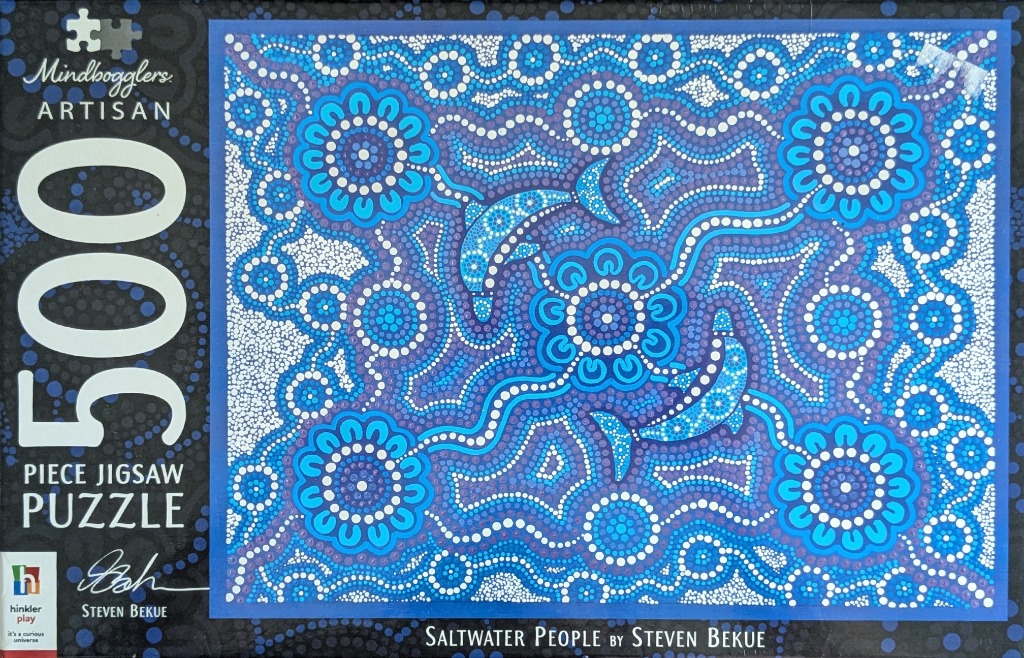 Indigenous-style dot painting featuring two dolphins swimming amidst stylized flowers and wavy water patterns in shades of bl