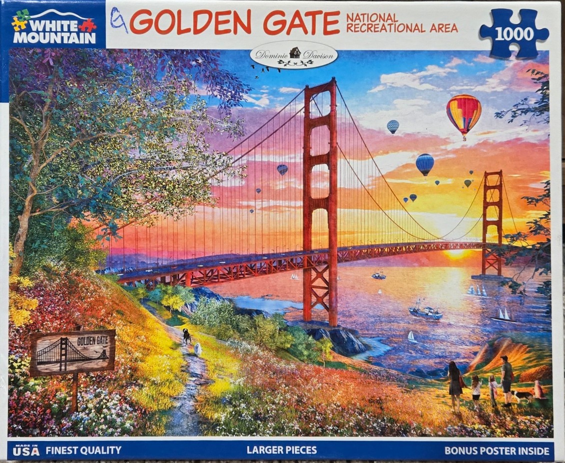 A vibrant sunset painting of the Golden Gate Bridge with hot air balloons and a grassy foreground.
