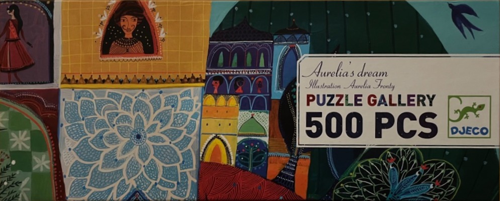 Whimsical, colorful folk-art illustration featuring a patchwork of buildings, floral patterns, and stylized figures.