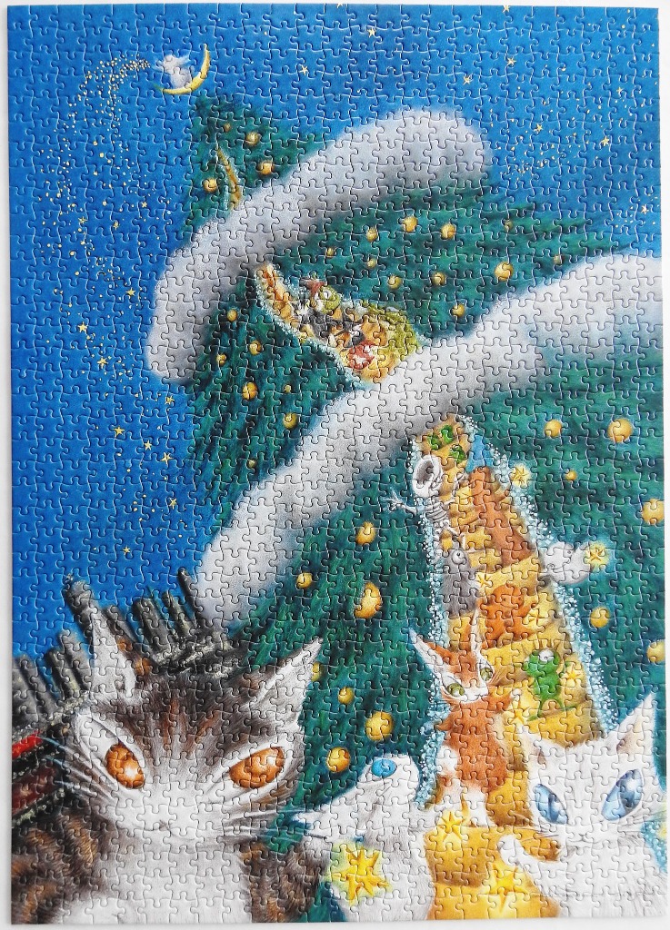 Illustration of cats looking at a giant Christmas tree in a starry night sky