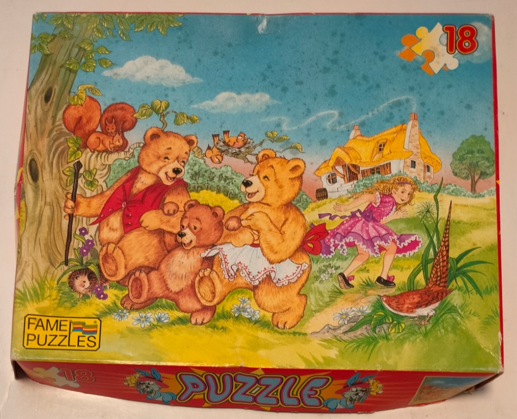 A whimsical illustration of three teddy bears and a young girl in a rural landscape.