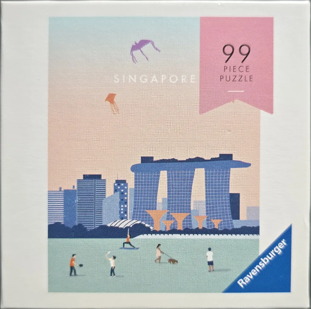 A minimalist digital illustration of the Singapore skyline with people relaxing in a park at sunset.