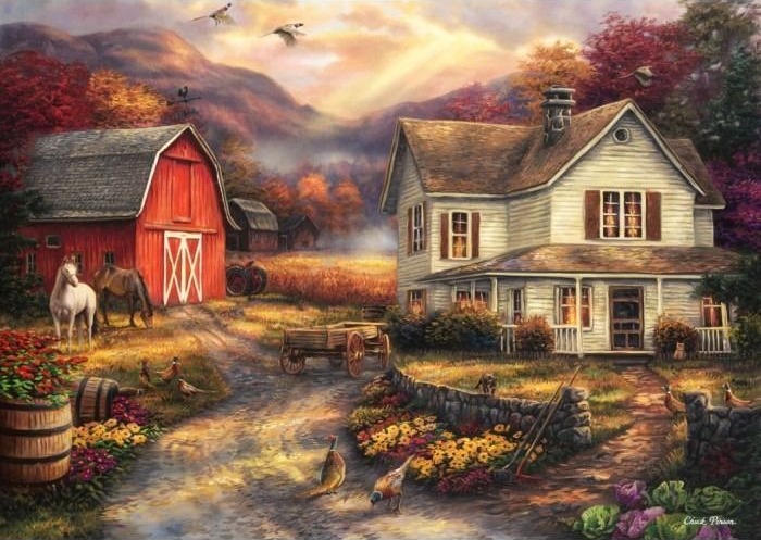 A country farmhouse and red barn scene at sunset with grazing horses and pheasants.