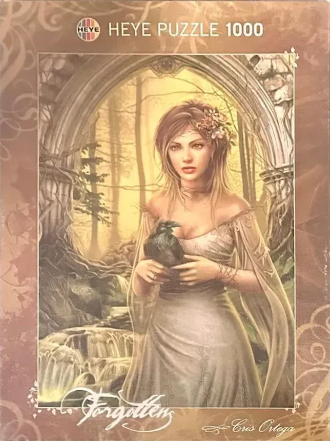 A fantasy illustration of a young woman in a flowing dress holding a raven within a ruined stone archway.
