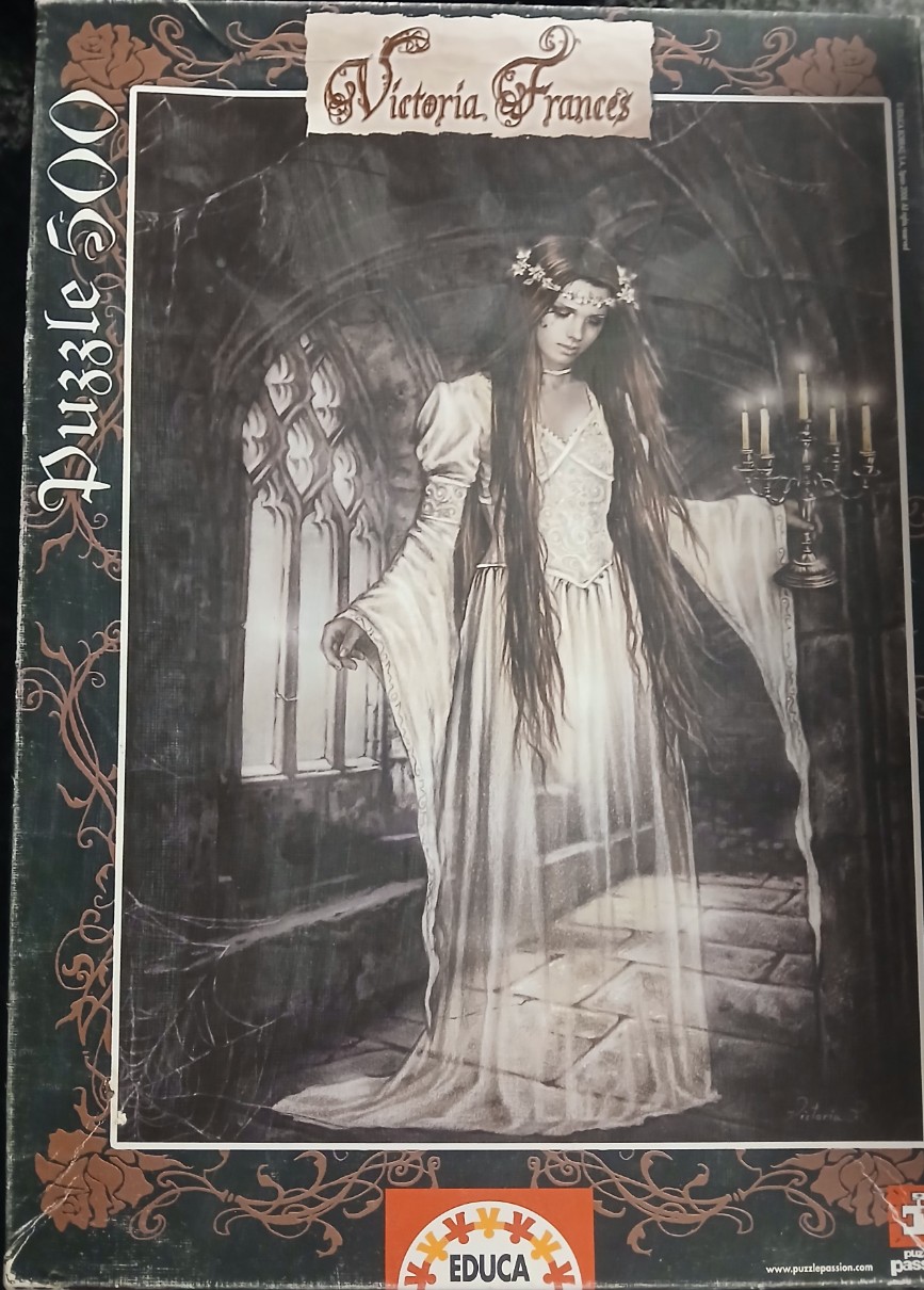 A gothic illustration of a woman in a long white dress holding a candelabra in a stone archway.
