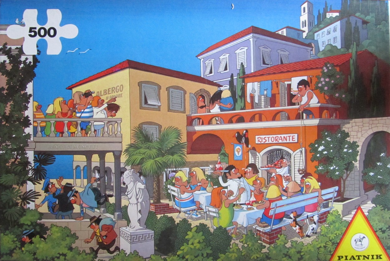 Cartoon illustration of a busy Italian coastal scene with tourists, a restaurant, and humorous mishaps.