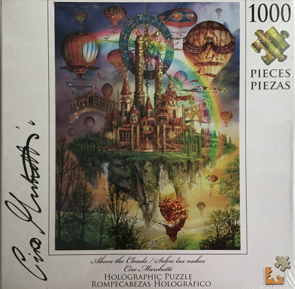 A fantasy floating island with a castle, hot air balloons, and a zodiac clock against a sunset sky.