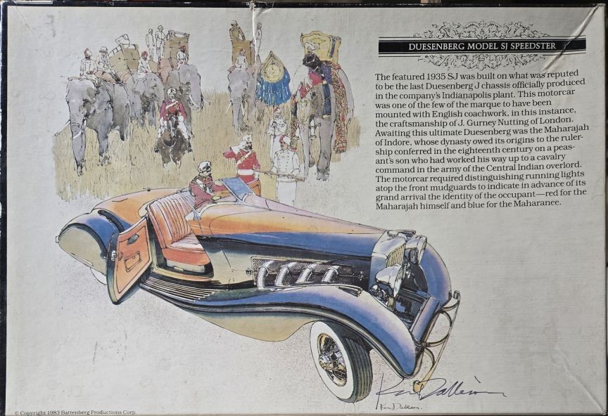 Illustration of a 1935 Duesenberg Model SJ Speedster with a royal procession of elephants in the background.