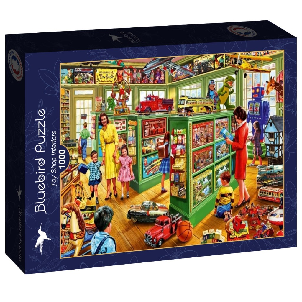 A nostalgic illustration of a 1950s toy shop filled with families and vintage toys.
