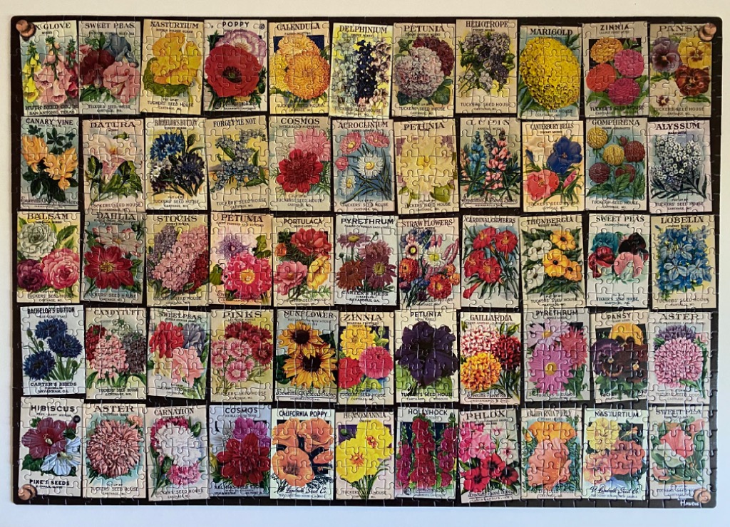 A collage of vintage botanical seed packet illustrations featuring various colorful flowers.