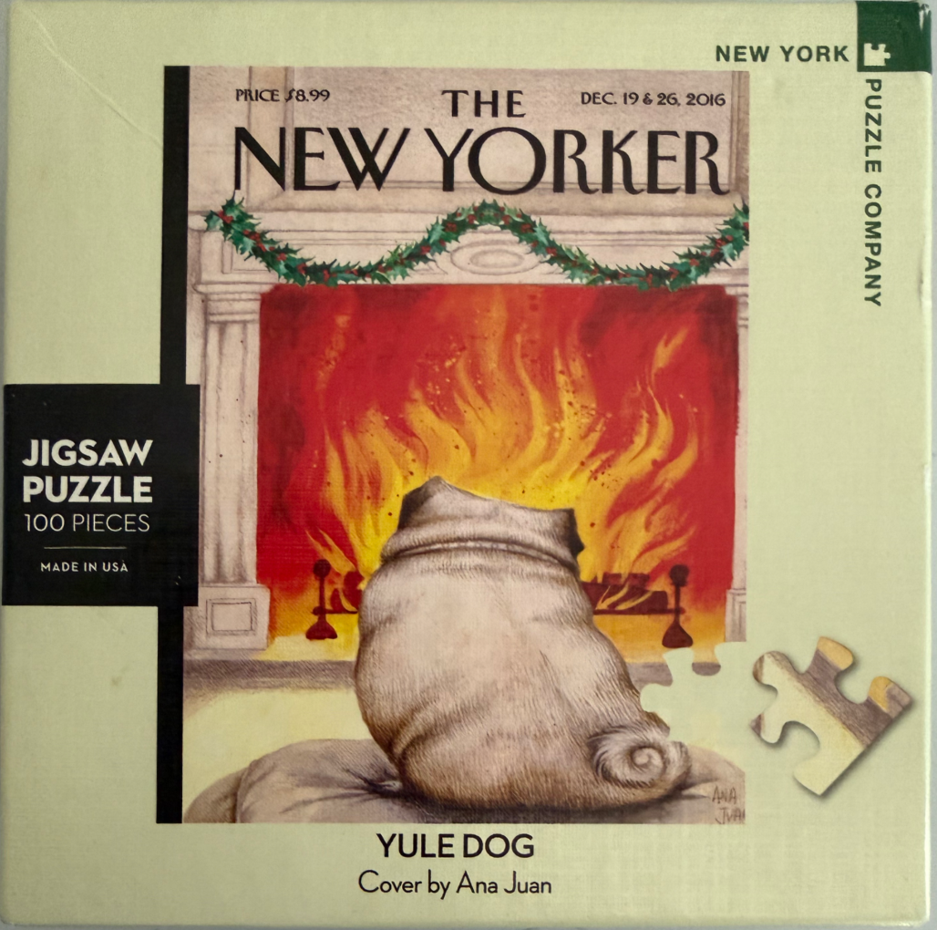 An illustration of a pug sitting on a pillow in front of a roaring fireplace, styled as a magazine cover.